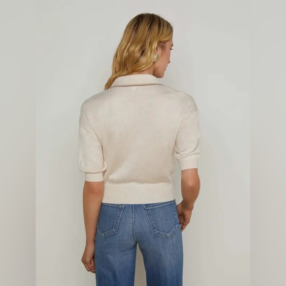 L’AGENCE Masaki Cropped Shortsleeve Sweater - Parchment/Cappuccino Gold, size M - Picture 3 of 8